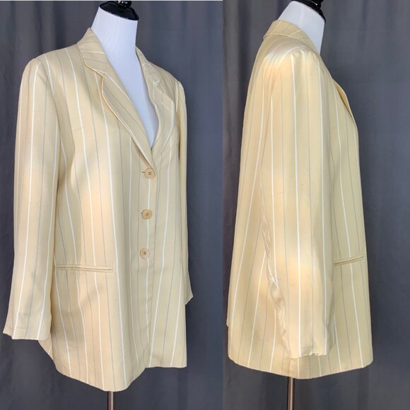 Vintage Giorgio Armani 100% Silk Stripe Blazer Jacket Buttery Yellow Sz 14 - Picture 5 of 16